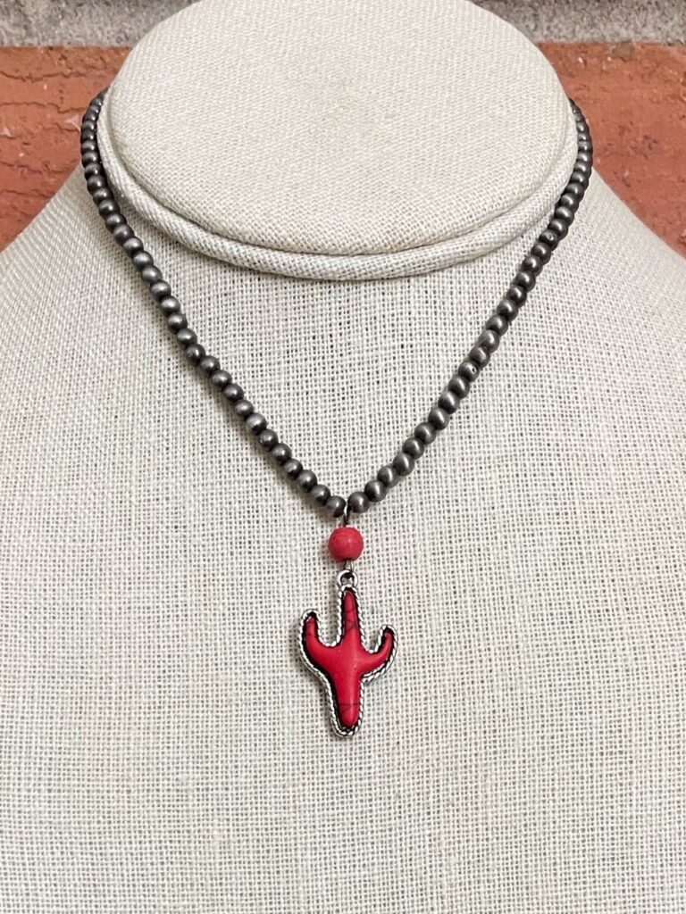035 Red Saguaro Cactus and Navajo Style Pearl Necklace 768x1024