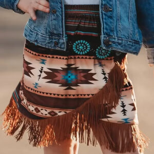 "Trailblazer" Brown Aztec Fringe Skirt